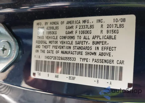 2009 Honda Accord 2.4 Lx from USA, damaged, VIN 1HGCP26329A055533